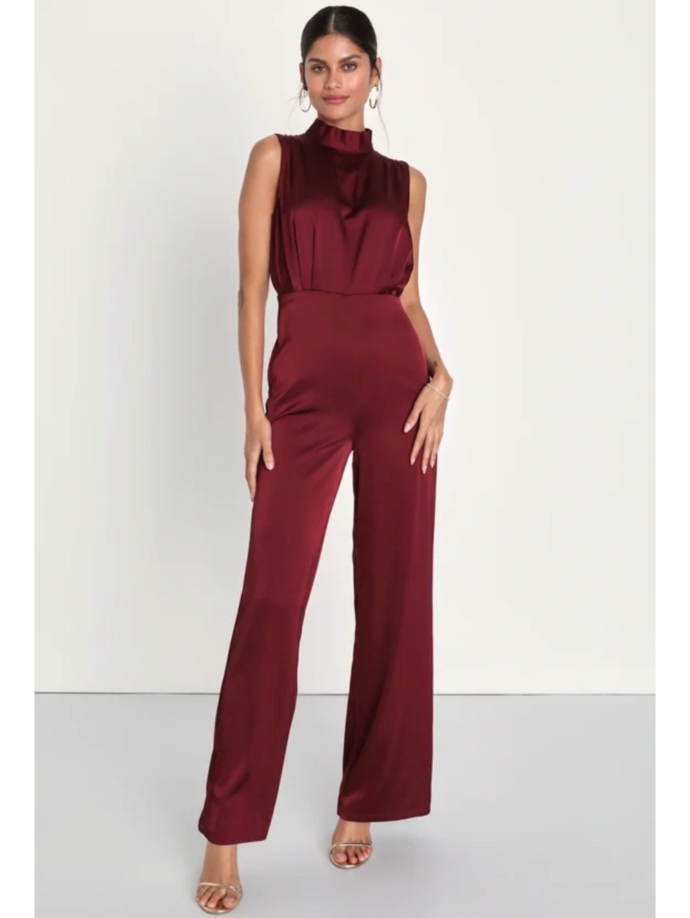 NWT Lulus Classic Elegance Wine Red Satin Mock Neck Jumpsuit Small